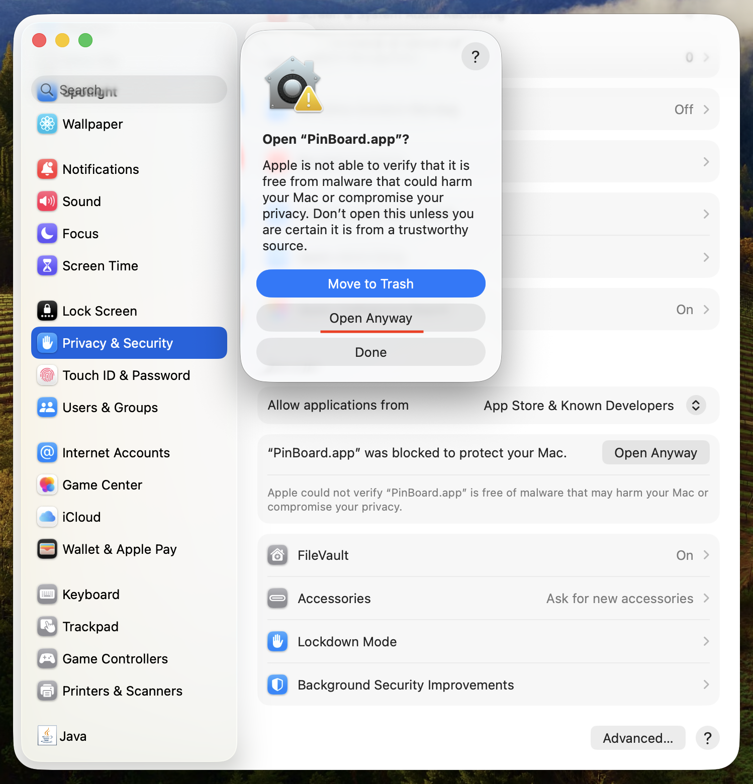 macOS confirmation dialog — click Open Anyway