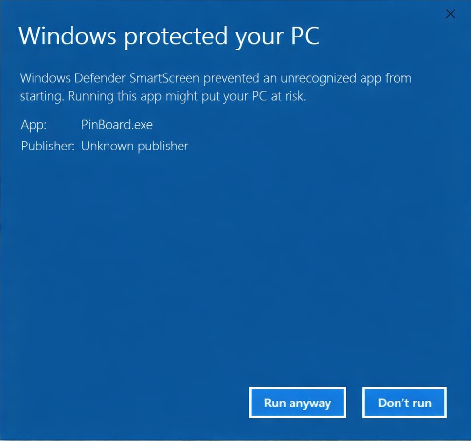 Windows SmartScreen — click Run anyway