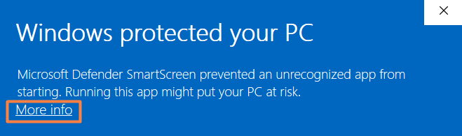 Windows SmartScreen warning — click More info